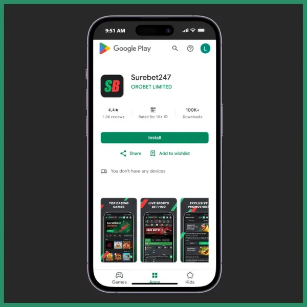 Surebet247 app install on the Google Play Store.