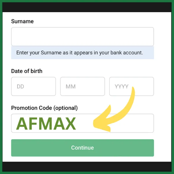 Bet9ja promotion code AFMAX is entered in the required field during registration.