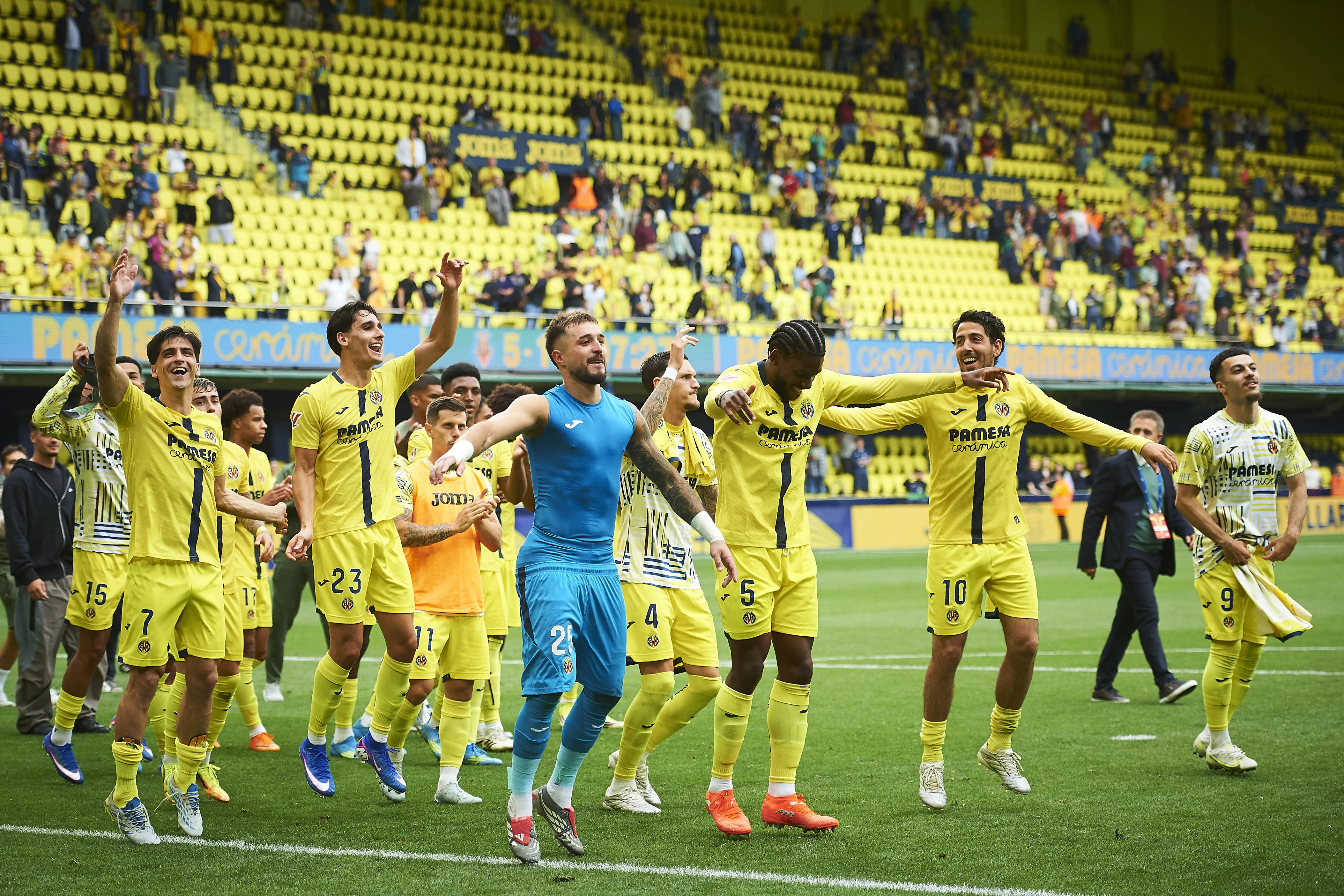Villarreal players celebrates during the LaLiga EA Sports match between Villarreal CF and Levante UD at Estadio de la Ceramica on May 2, 2026 in Villarreal, Spain.