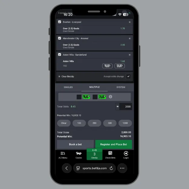 Bet9ja betslip with Everton vs Liverpool, Man City vs Arsenal, and Aston Villa vs Sunderland.