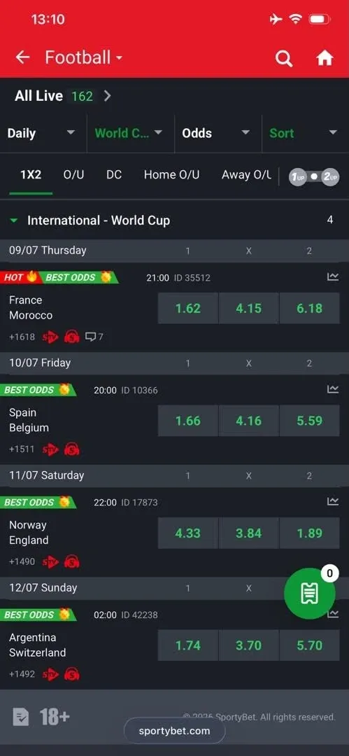 Sportybet football markets showing England to win at 1.89 odds for the 2026 World Cup quarter-final vs Norway.