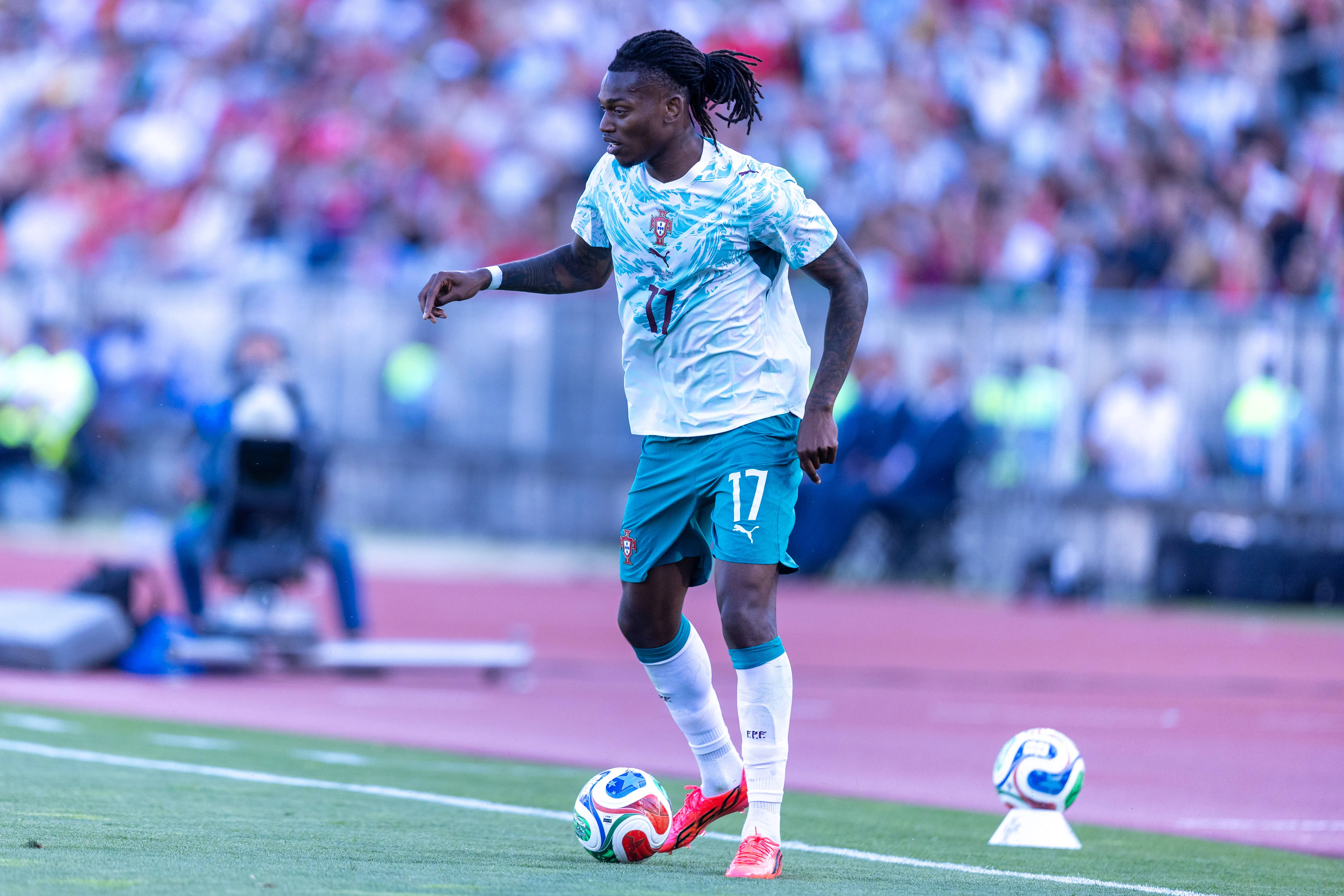 Rafael Leao of the Portugal national team, is seen in action during the international friendly match between Portugal and Chile at the Estadio Nacional do Jamor in Lisbon, Portugal, on June 6, 2026.