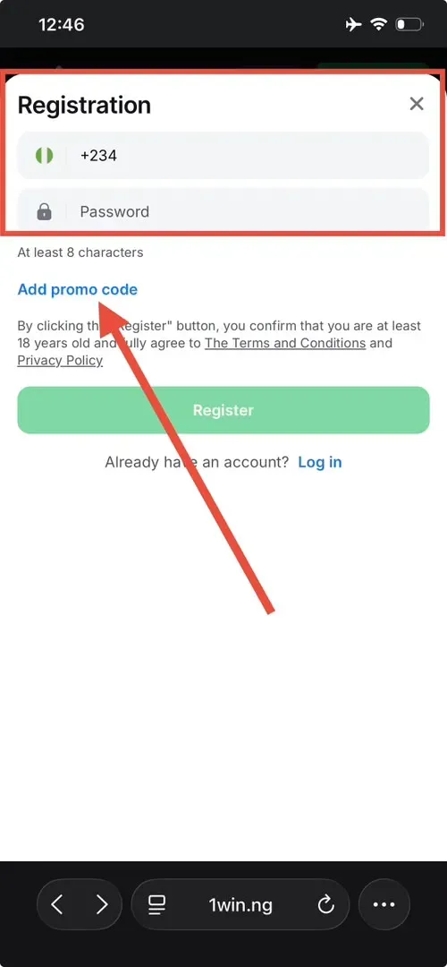 1Win registration form with phone number and password fields