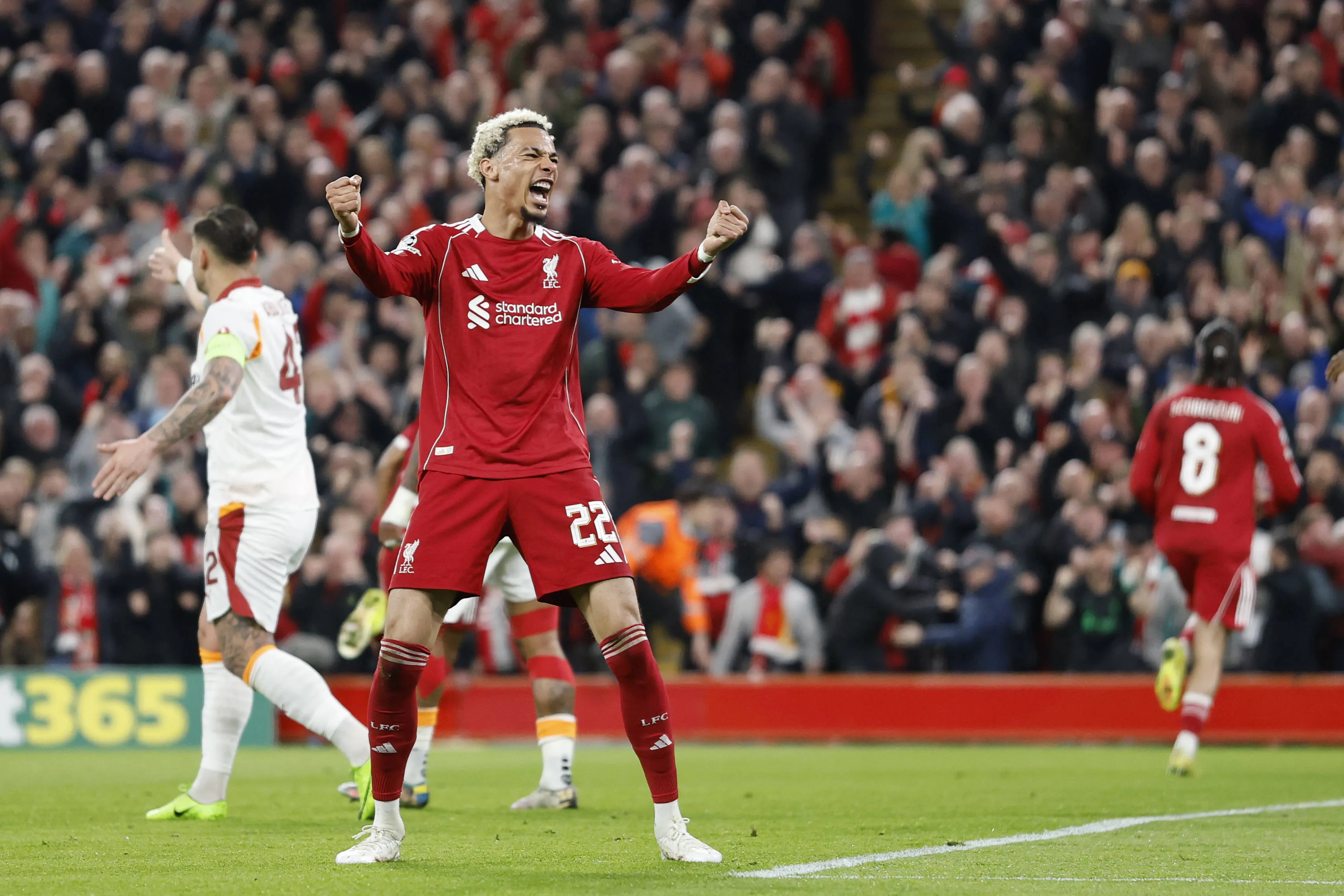 Hugo Ekitike celebrates after Dominik Szoboszlai of Liverpool scores