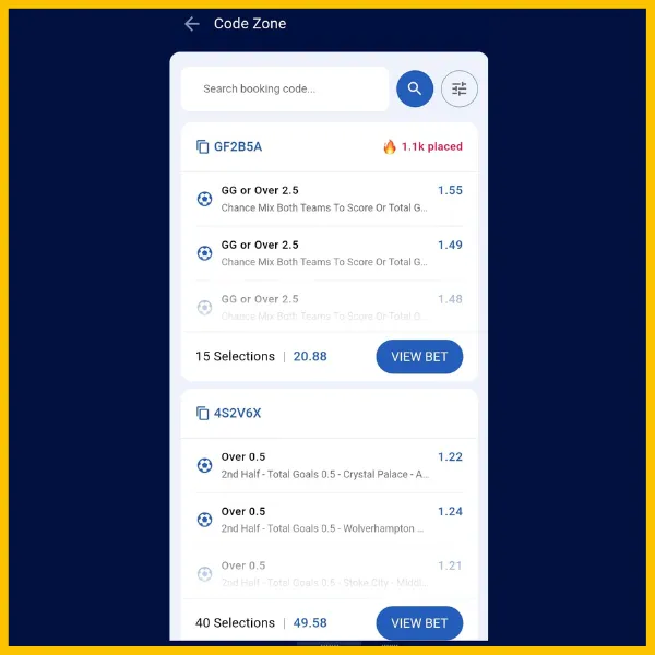 BetKing Code Zone screen displaying booking codes, bet selections, and odds with a ‘View Bet’ button.
