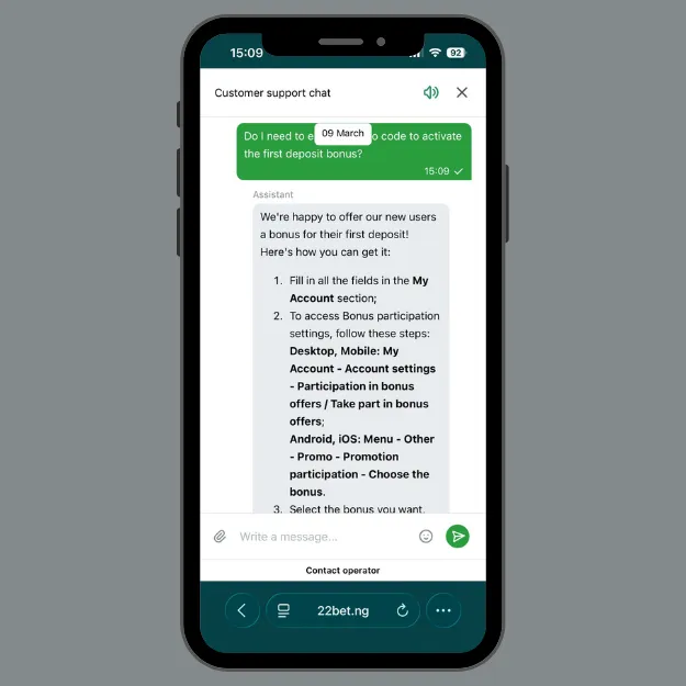 22bet customer support chat explaining to a user how to register with a promo code and how to claim a welcome bonus.