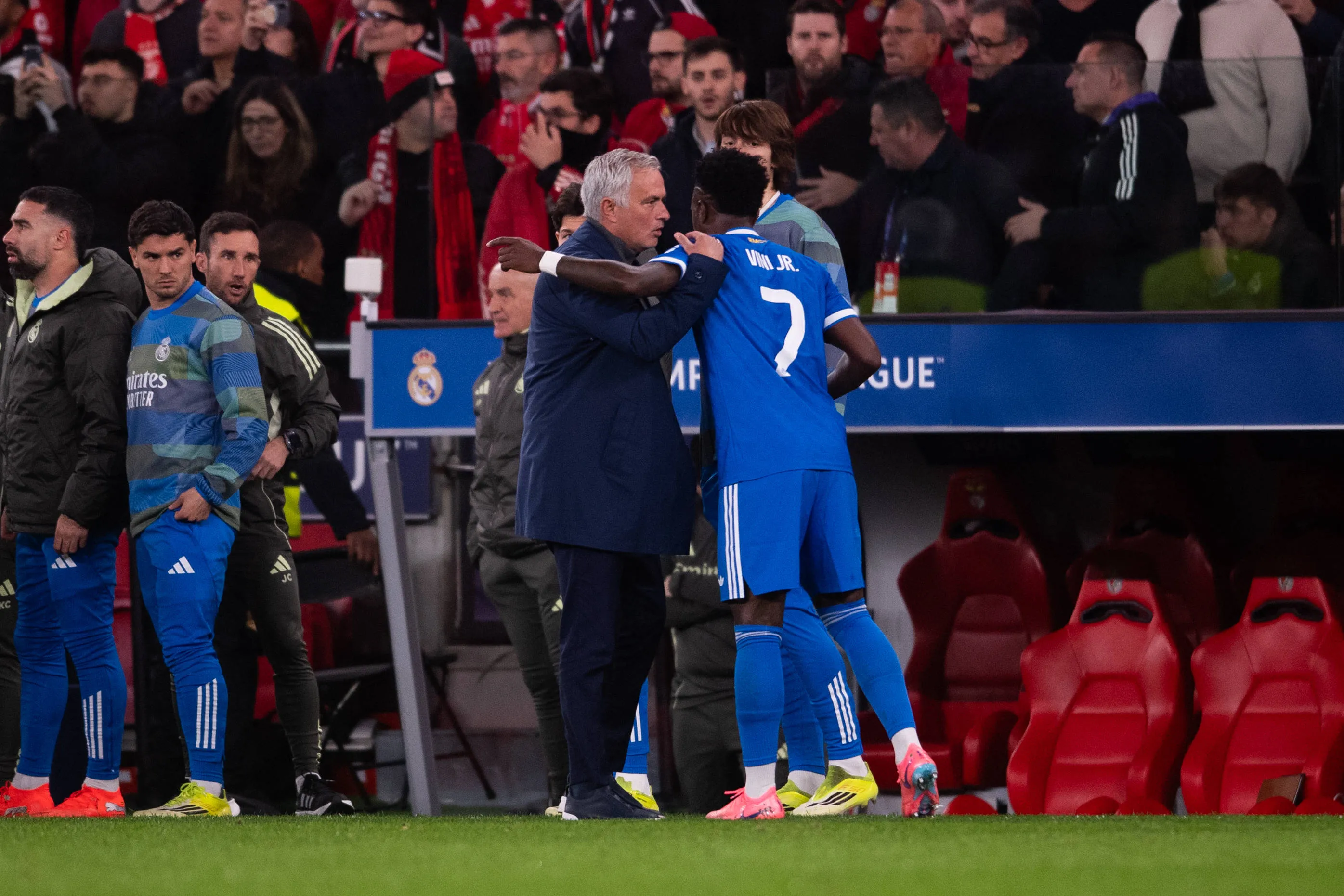 Jose Mourinho seen talking to Vinicius Junior after a racist commentary supposedly during the UEFA Champions League Play-off First Leg match between SL Benfica and Real Madrid