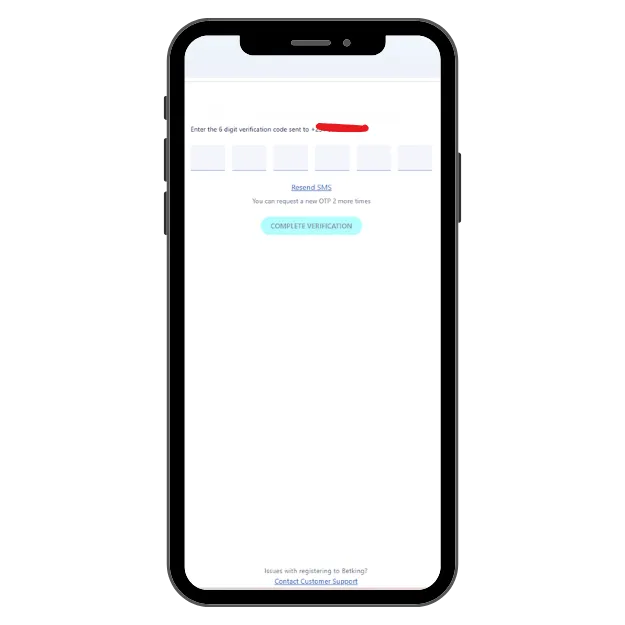 BetKing sign-up form with OTP entry field for account verification.
