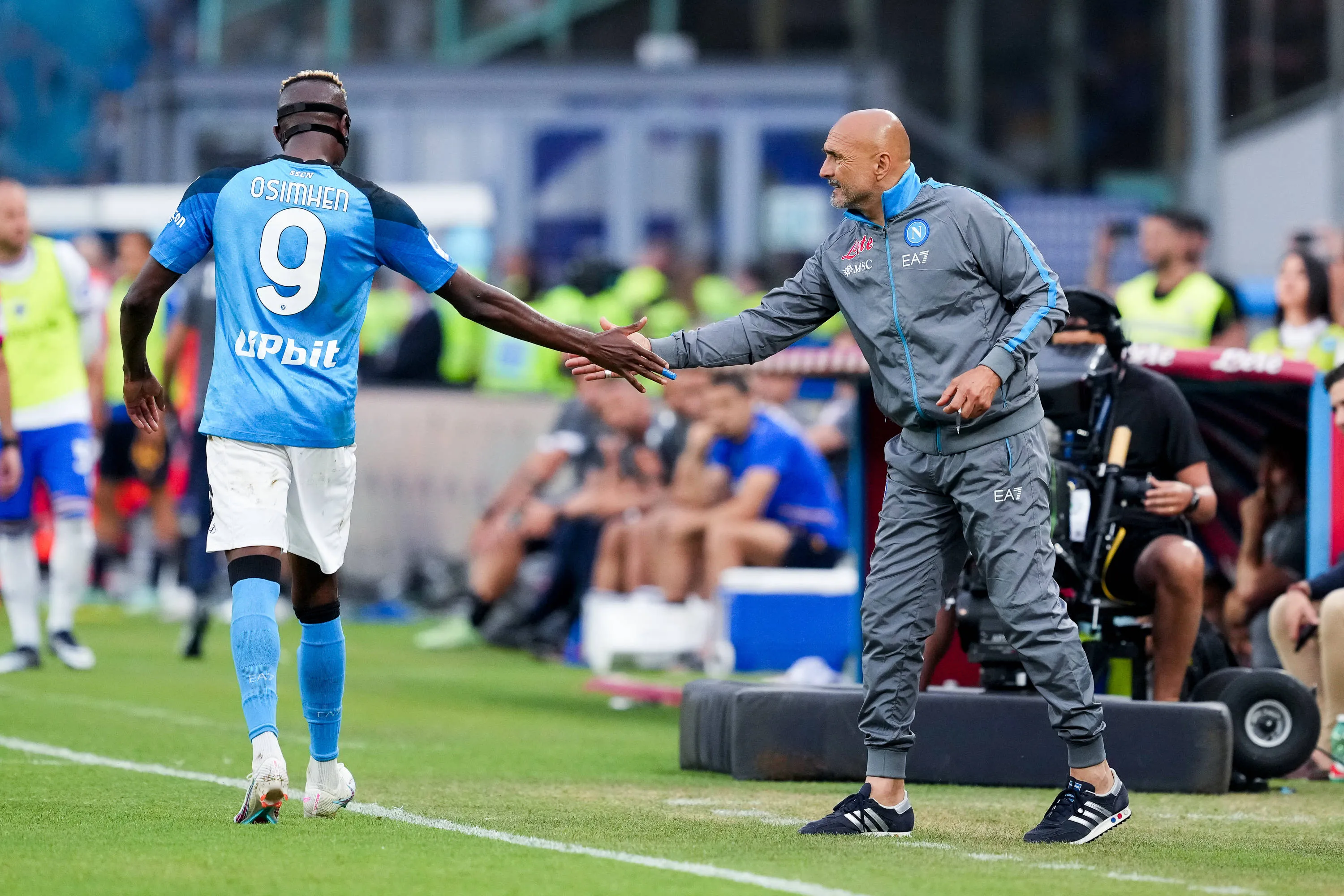 Victor Osimhen of SSC Napoli celebrates with Luciano Spalletti of SSC Napoli after scoring first goal during the Serie A match between SSC Napoli and UC Sampdoria at Stadio Diego Armando Maradona, Naples, Italy on 4 June 2023. Photo by Giuseppe Maffia. Naples Stadio Diego Armando Maradona