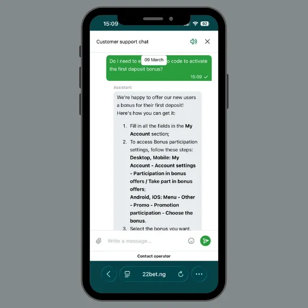 22bet customer support chat explaining to a user how to register with a promo code and how to claim a welcome bonus.