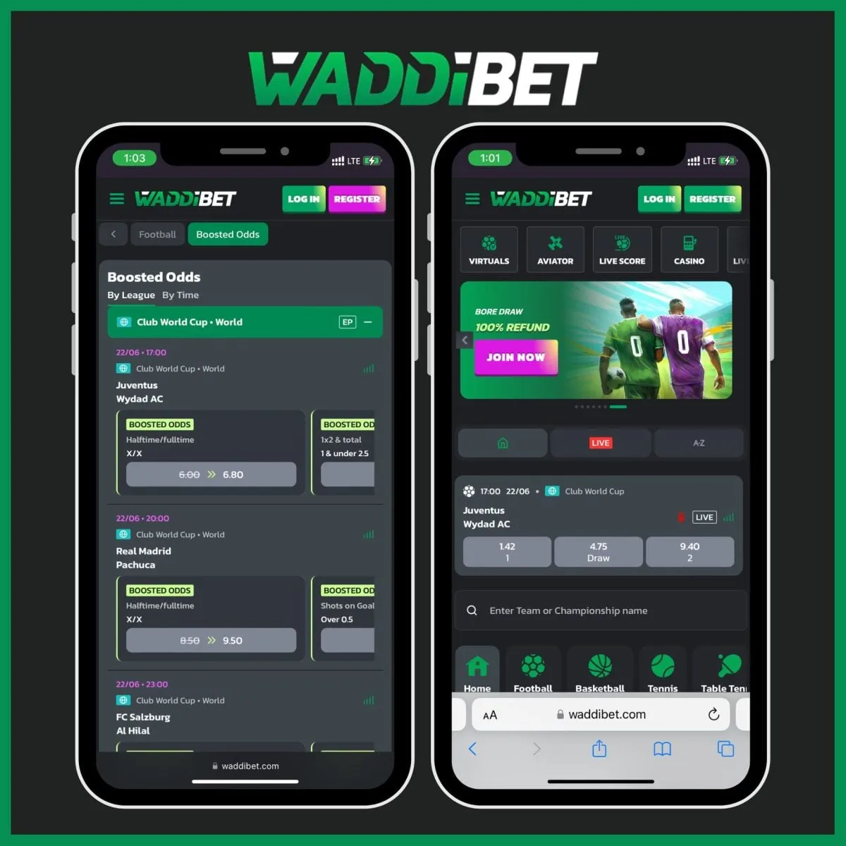 Waddibet site Boosted Odds section with boosted odds for Club World Cup fixtures.