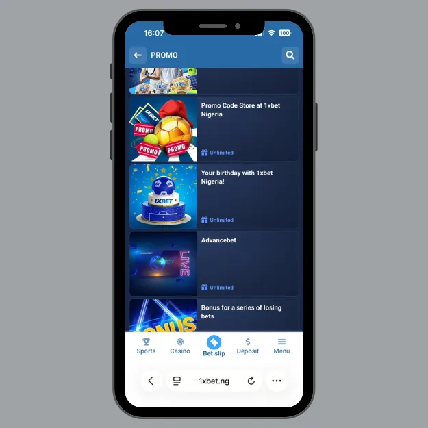 1xbet promotions and bonuses page with offers like Birthday bonus, Advance bet, and Bonus for series of loosing bets.