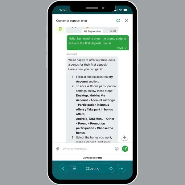 22bet customer support chat explaining to a user how to register with a promo code and how to claim a welcome bonus.