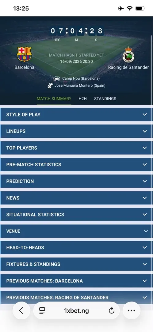 1xBet game stats page