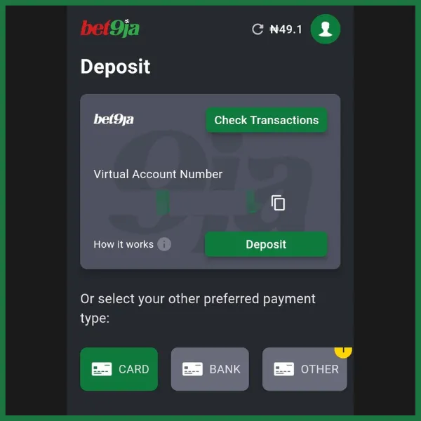Bet9ja app Banking feature