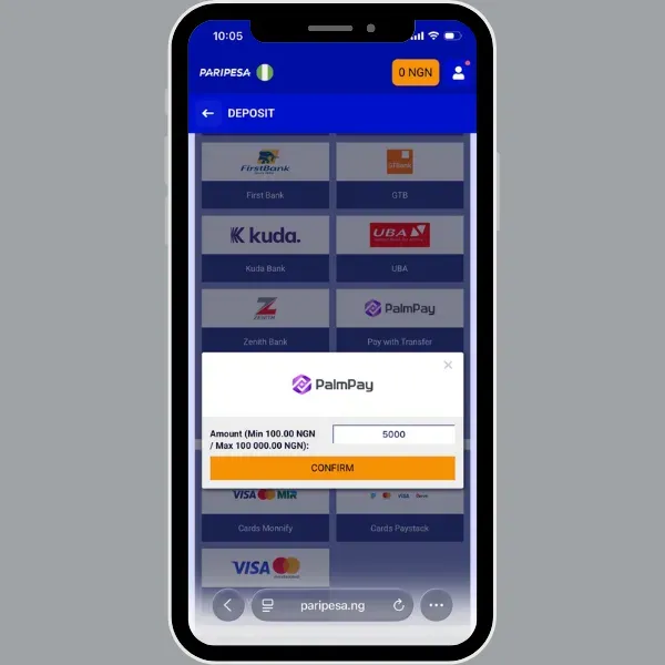 Paripesa depositing ₦5,000 with PalmPay.