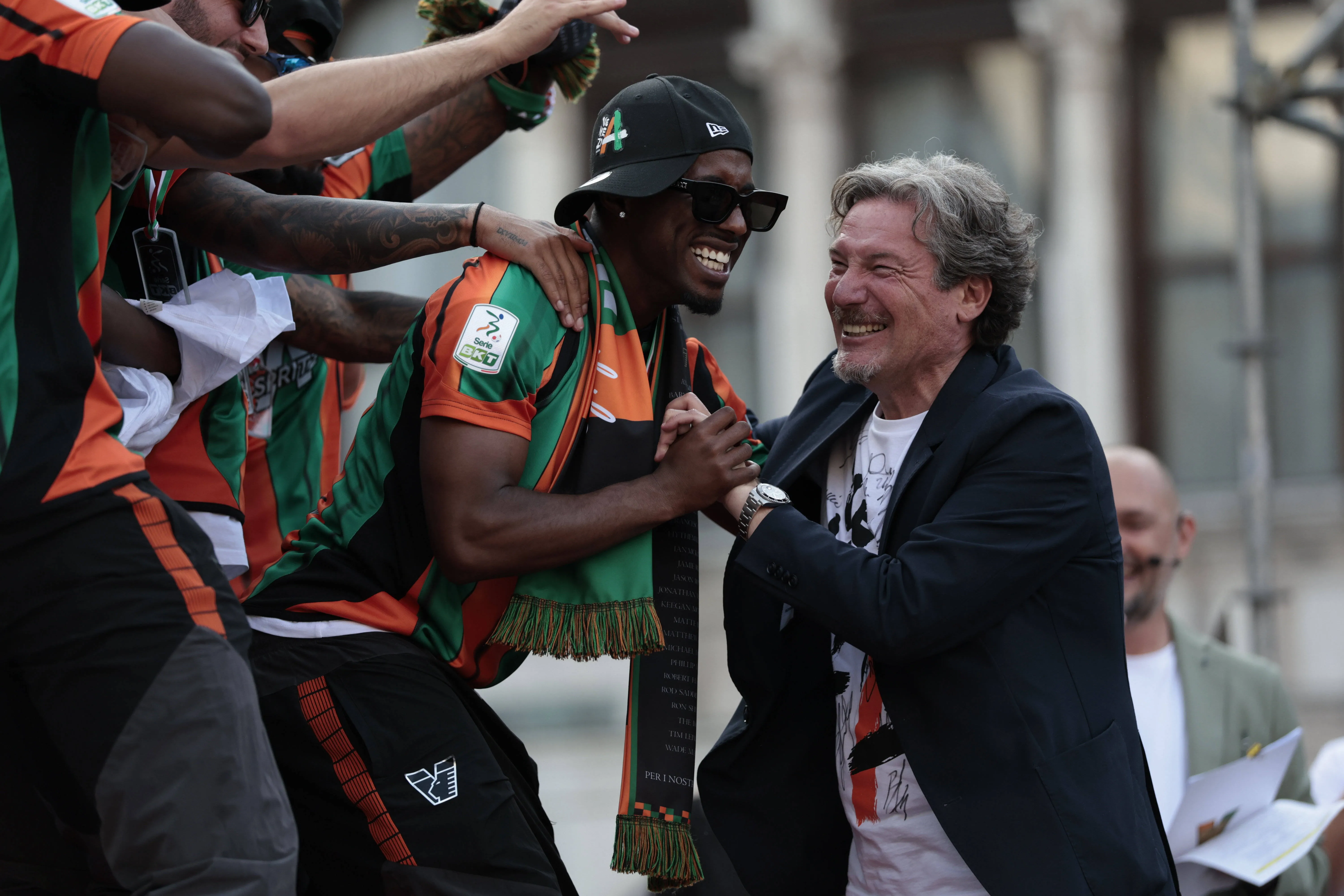 Venezia coach Giovanni Stroppa in celebration with players.