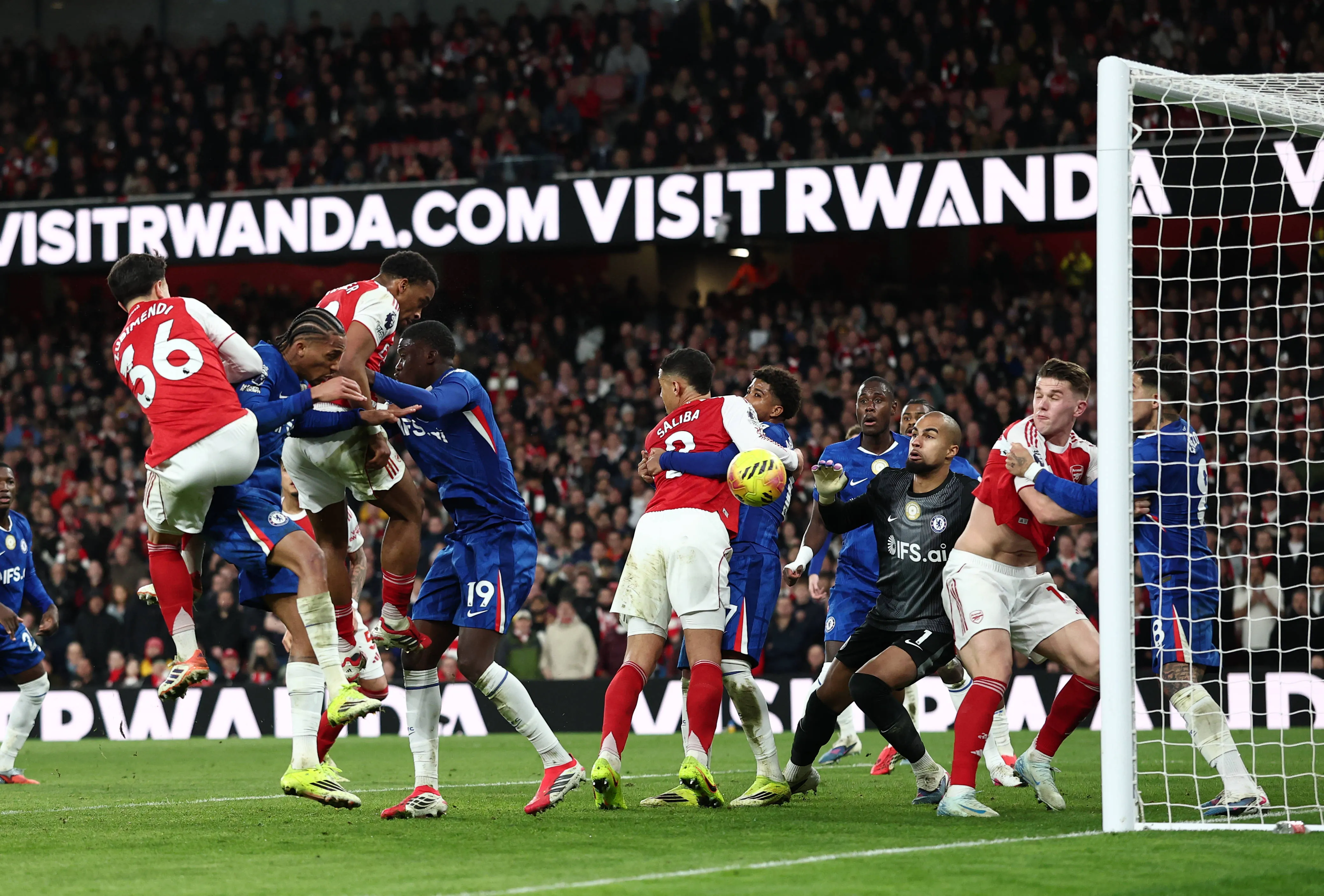 Jurrien Timber heads the second goal during the Arsenal vs Chelsea Premier League match at the Emirates Stadium