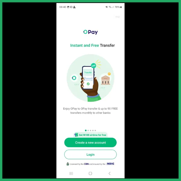 OPay app welcome screen showing a hand holding a phone, text about free transfers, and buttons for creating an account or logging in.