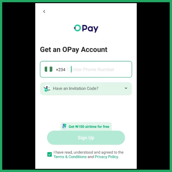 OPay sign-up screen showing phone number field, invitation code dropdown, sign-up button, and a checkbox for agreeing to terms.