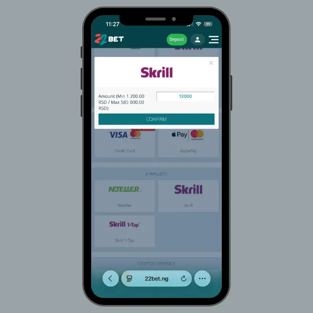 22Bet deposit page showing Skrill payment option used to fund an account