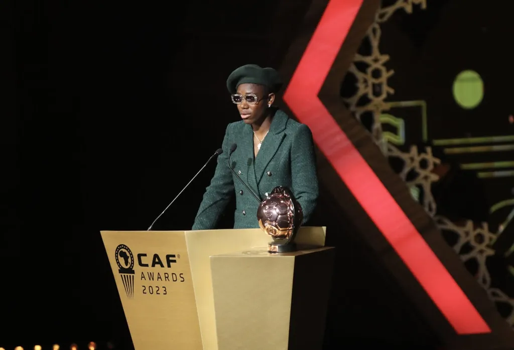 CAF President Patrice Motsepe womens player of the year to Asisat Oshoala of Nigeria during the 2023 CAF Awards held in Marrakech, Morocco on 11 December 2023