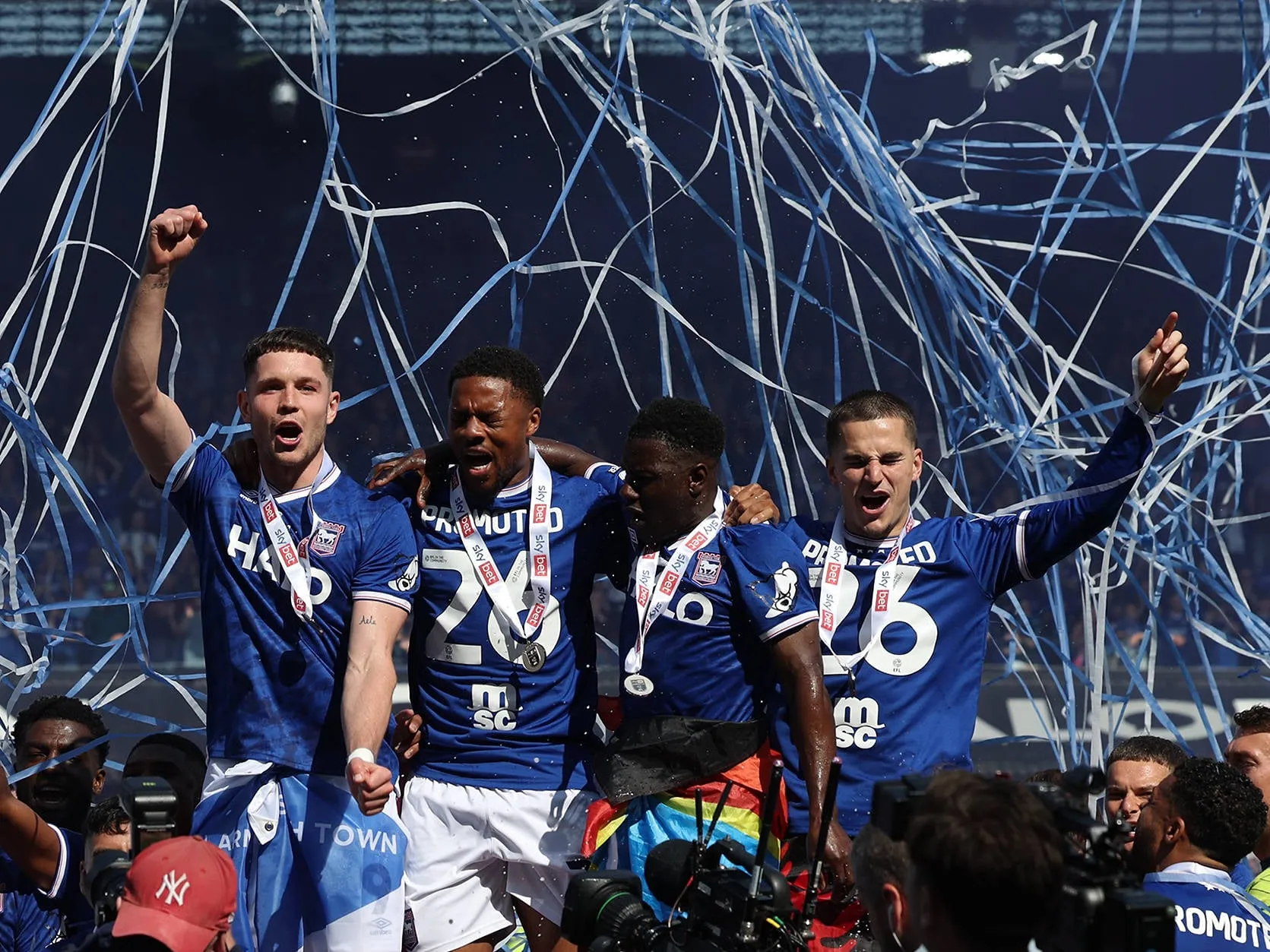 Ipswich Town players celebrate following the Ipswich Town v Queens Park Rangers Sky Bet Championship match at Portman Road