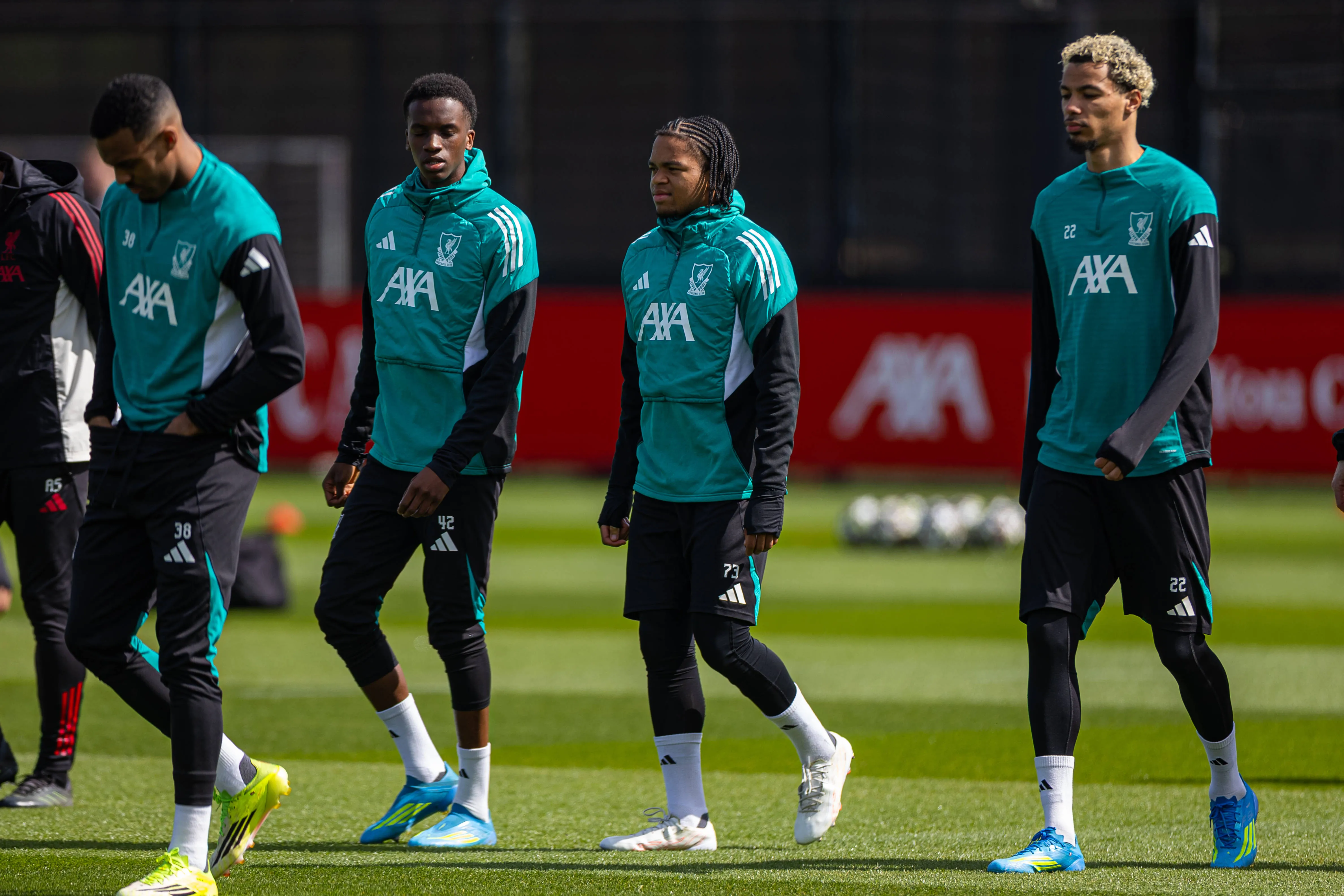 Liverpool's Rio Ngumoha during a training session at the AXA Training Centre ahead of the UEFA Champions League Quarter-Final 2nd Leg match between Liverpool FC and Paris Saint-Germain FC.