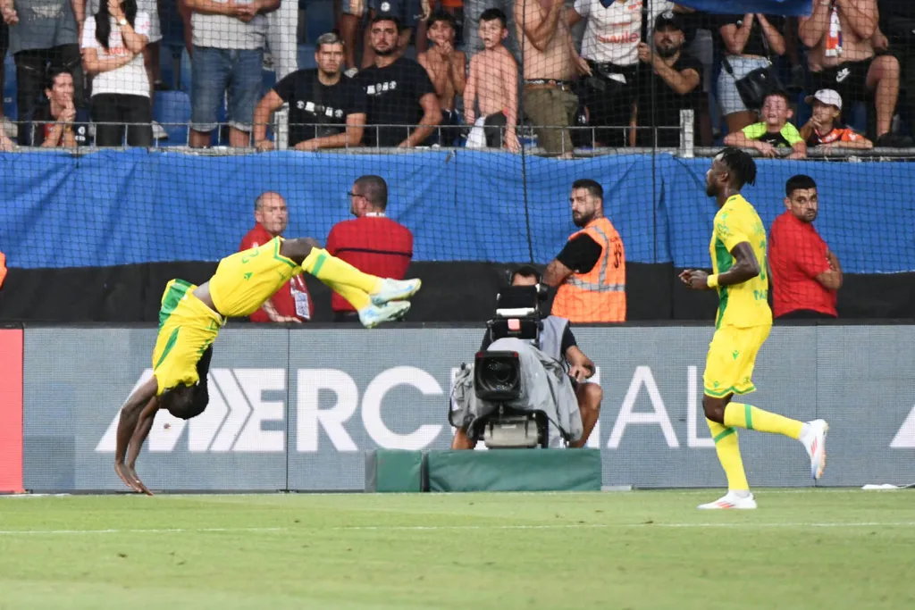 Celebration Moses SIMON (FCN) lors du match Montpellier Herault SC vs. FC Nantes pour la J3 de la Ligue 1 McDonalds au