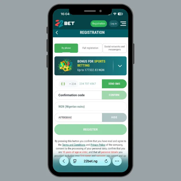 22bet registration phone number