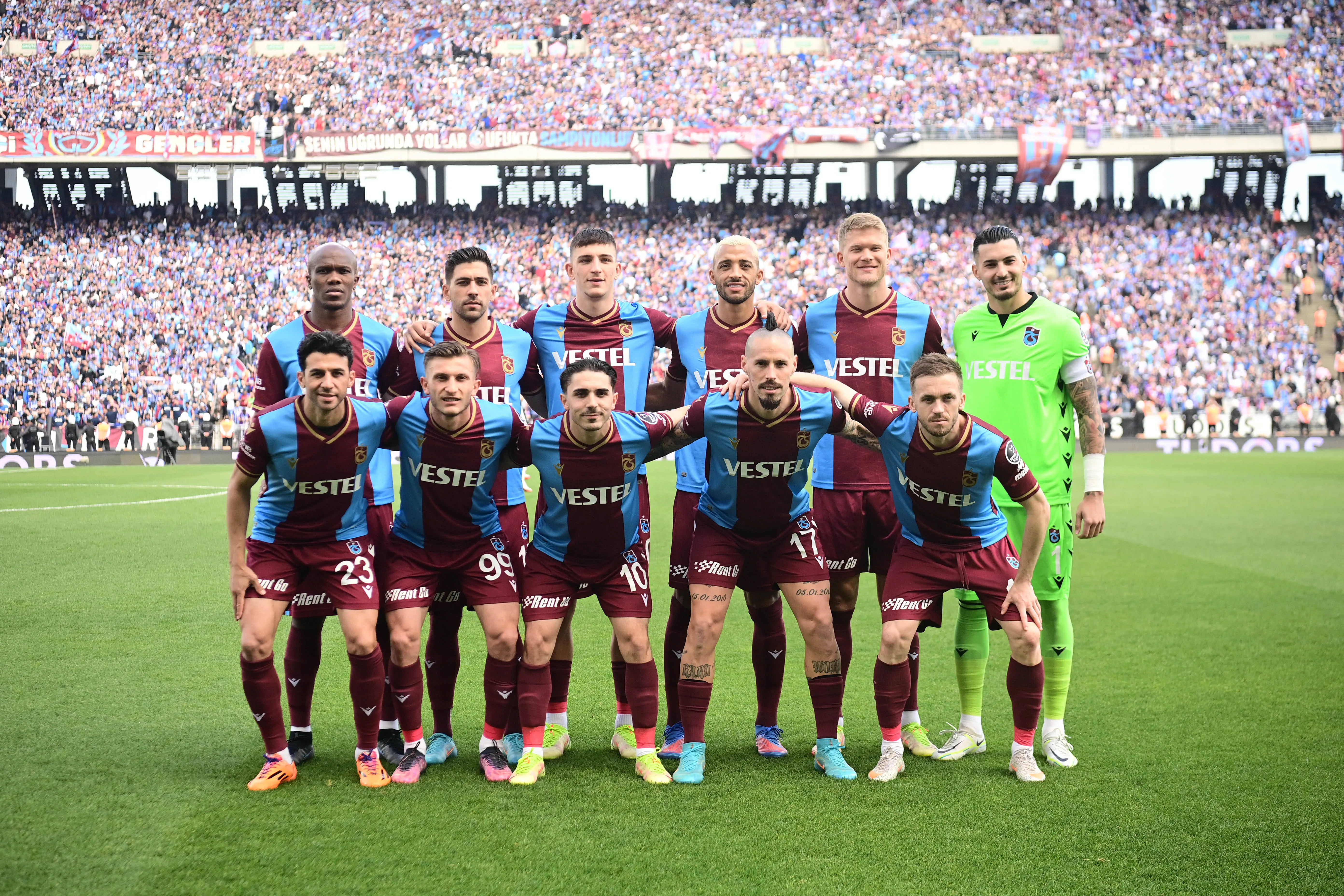 L-R , Up , Anthony Nwakaeme , Anastasios Bakasetas , Ahmetcan Kaplan , Vitor Hugo , Andreas Cornelius and Goalkeeper Ugurcan Cakir , Down R , Ismail Koybasi , Serkan Asan , Abdulkadir Omur , Marek Hamsik and Edin Visca , Team Photo of Trabzonspor during the Turkish Super League football match between Trabzonspor and Altay at Ataturk 
