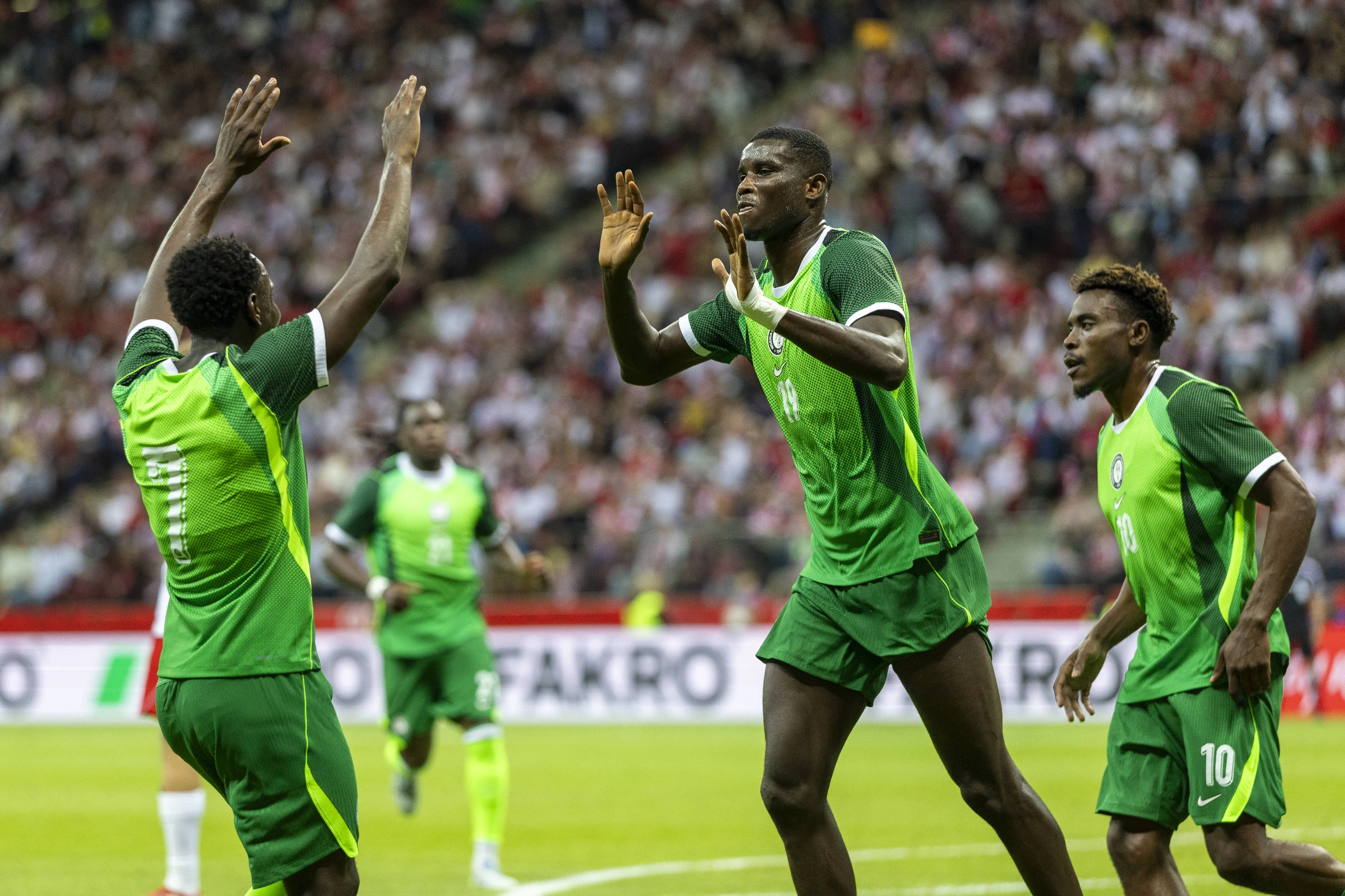 Super Eagles stars Philip Otele, Paul Onuachu, Fisayo Dele-Bashiru