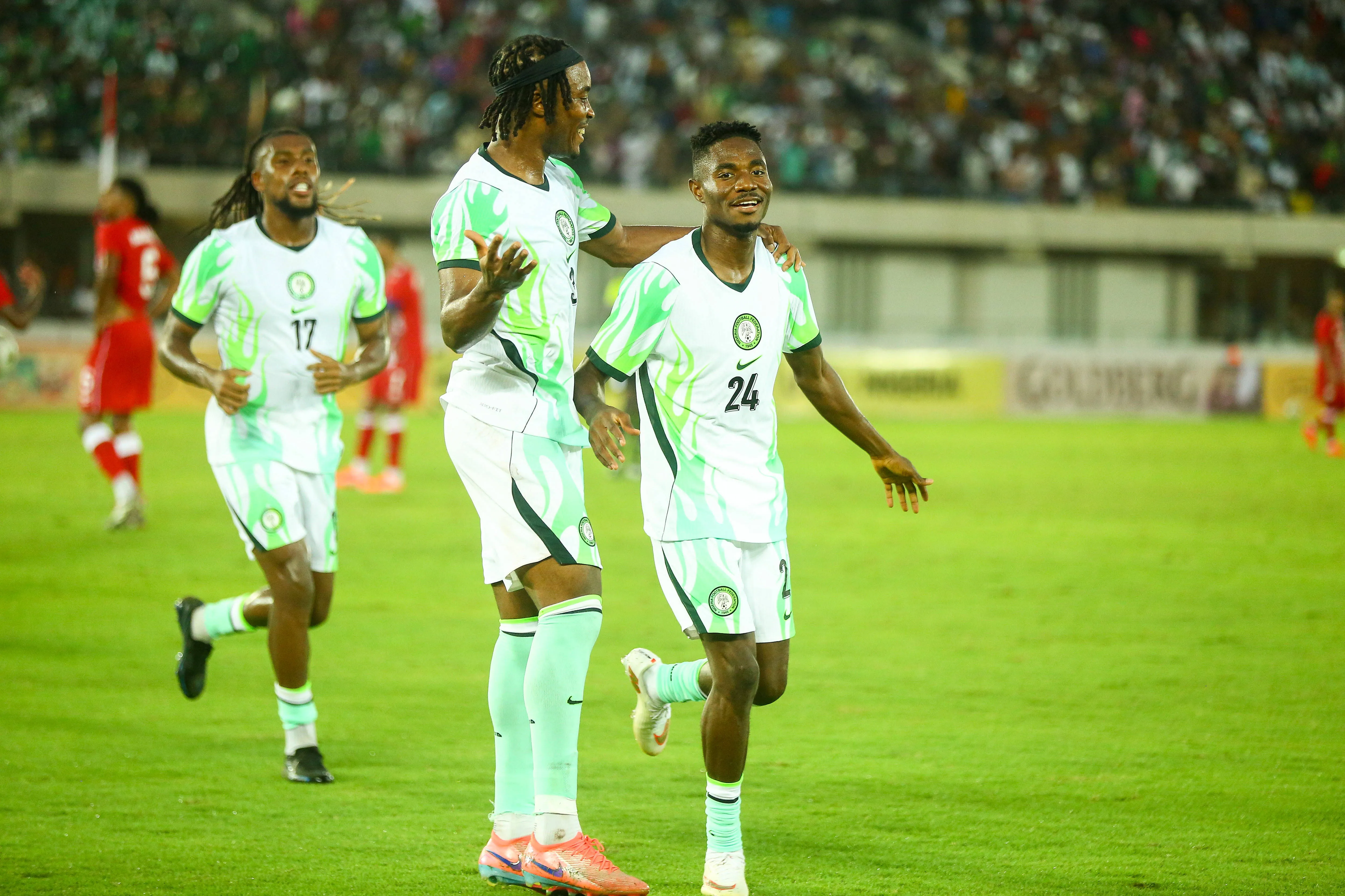 Moses Usor, Alex Iwobi, Onyemaechi Bruno, Nigeria during the PAMOJA 2027 Africa Cup of Nations AFCON qualifier match between Nigeria and Madagascar at Godswill Akpabio Stadium on September 25, 2026 in Uyo, Nigeria