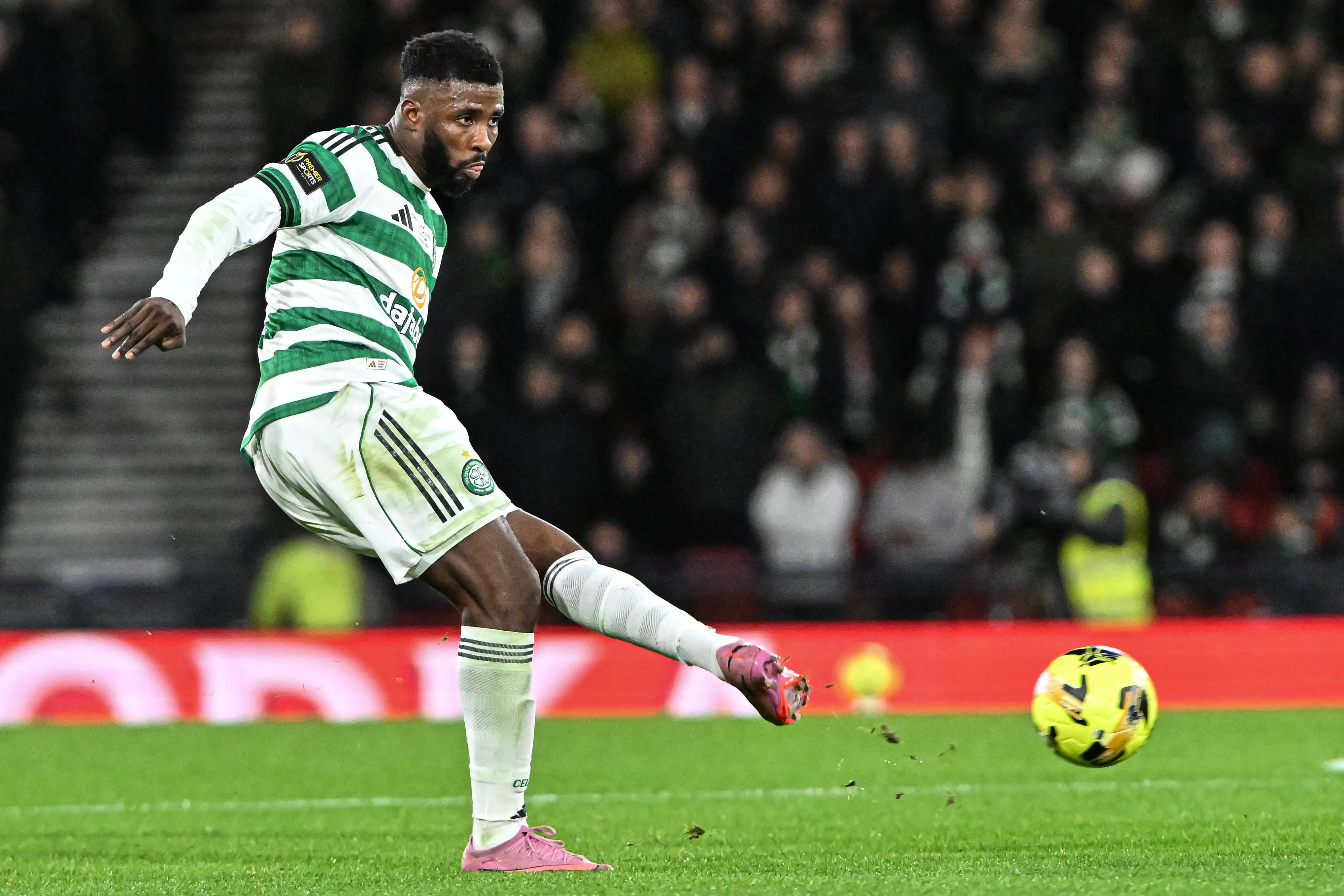 Kelechi Iheanacho of Celtic passes the ball during the Premier Sports Cup Final between St Mirren and Celtic at Barclays Hampden