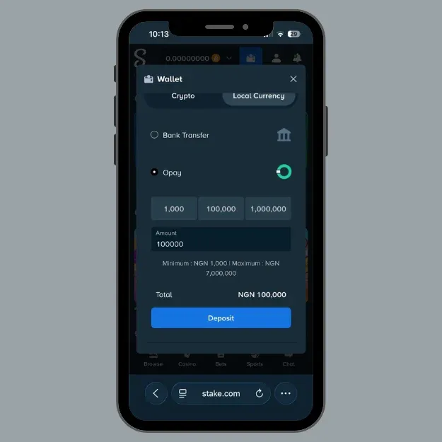 Stake wallet showing oPay depositing method with limits and amounts.