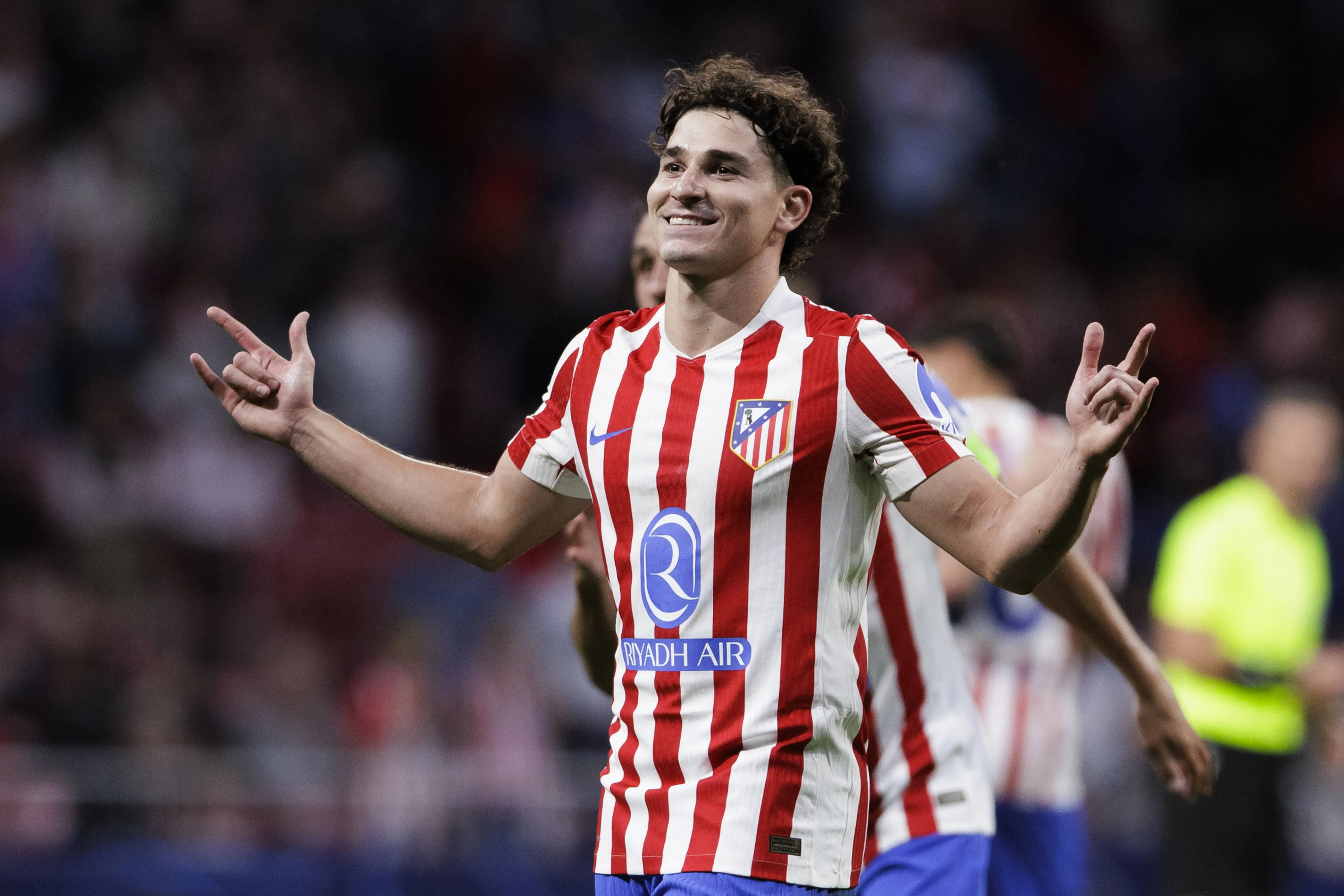 Julian Alvarez of Atletico de Madrid celebrates a goal during UEFA champions league 2025/26 match between Atletico de Madrid and Eintracht at Riyadh Air Metropolitano Stadium