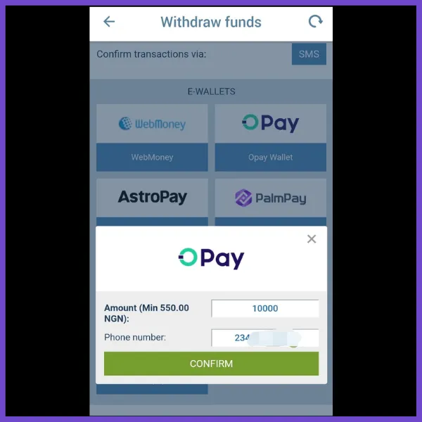 1xBet withdrawal funds page showing e-wallet options like WebMoney, Opay Wallet, AstroPay, and PalmPay, with a highlighted Opay withdrawal form. The form includes fields for the withdrawal amount, a minimum of 550 NGN, and a phone number, along with a green &lsquo;Confirm&rsquo; button to proceed.