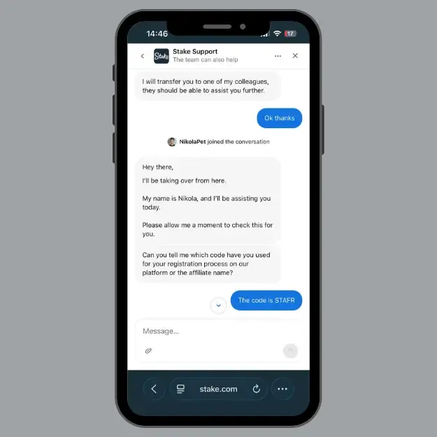 Stake registration customer support chat with promo code STAFT question 