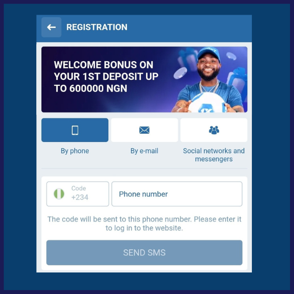 Registration screen offering a welcome bonus on first deposit, with options to sign up by phone, email, or social networks.