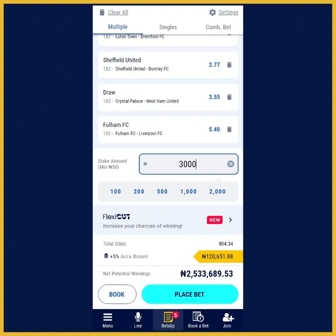 BetKing app betslip showing bet selections and stake amount with a "Place Bet" button.