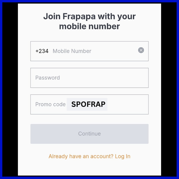 Frapapa signup form with mobile number, password, and promo code fields with promo code SPOFRAP.