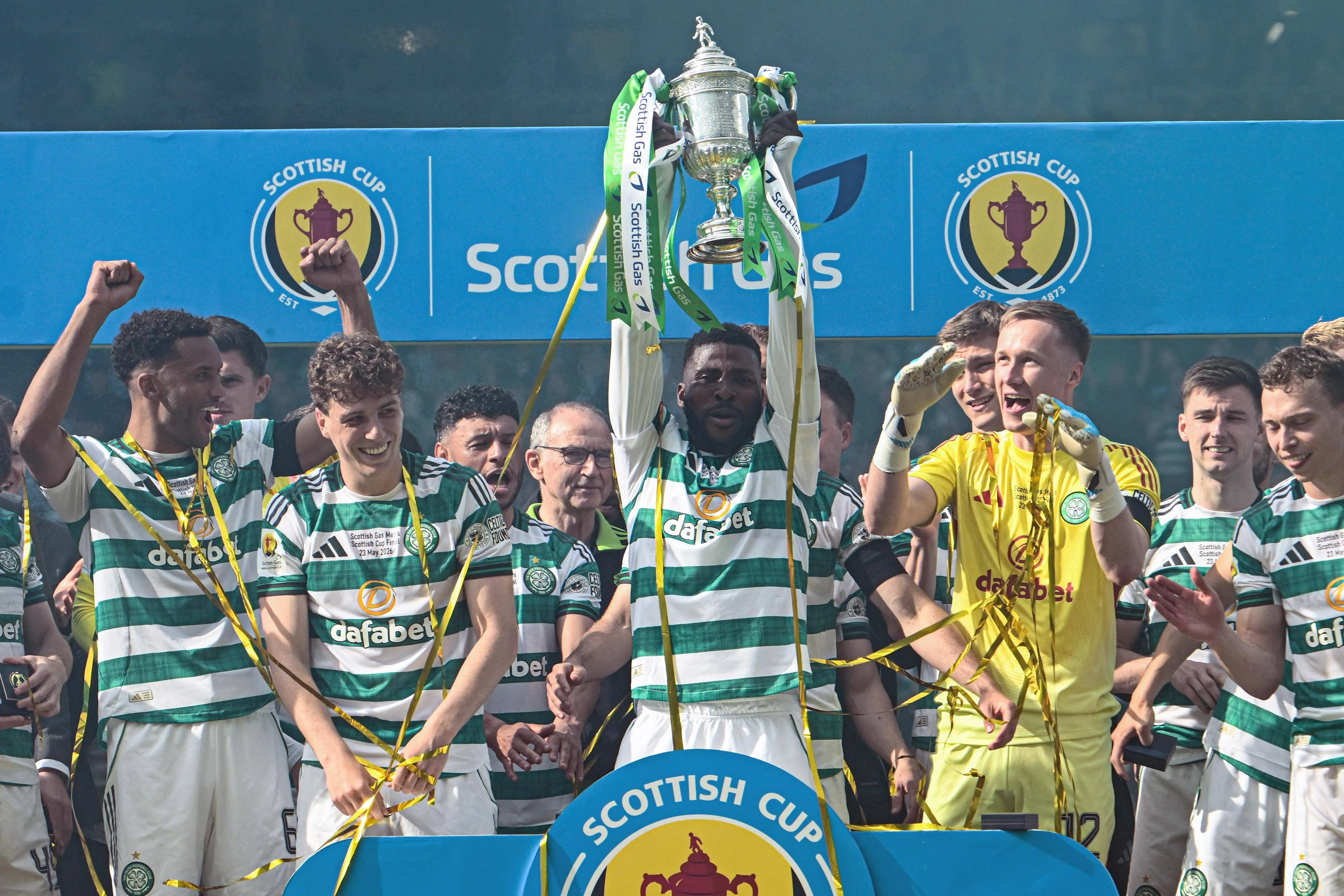 Kelechi Iheanacho lifts the Scottish Cup at Celtic