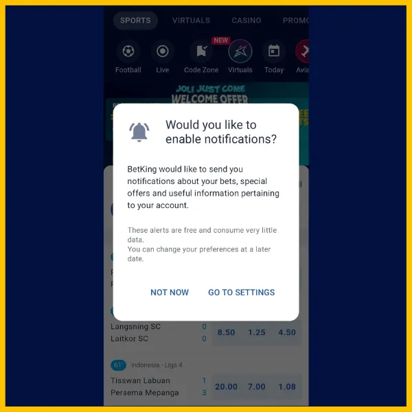 BetKing app notification prompt asking users to enable alerts for bets, offers, and account updates.