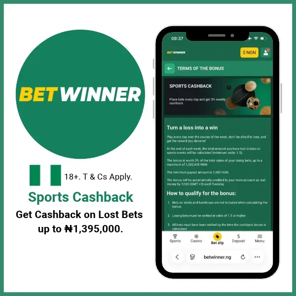 BetWinner sports cashback bonus where you get 3% back on lost bets up to ₦1,395,000.