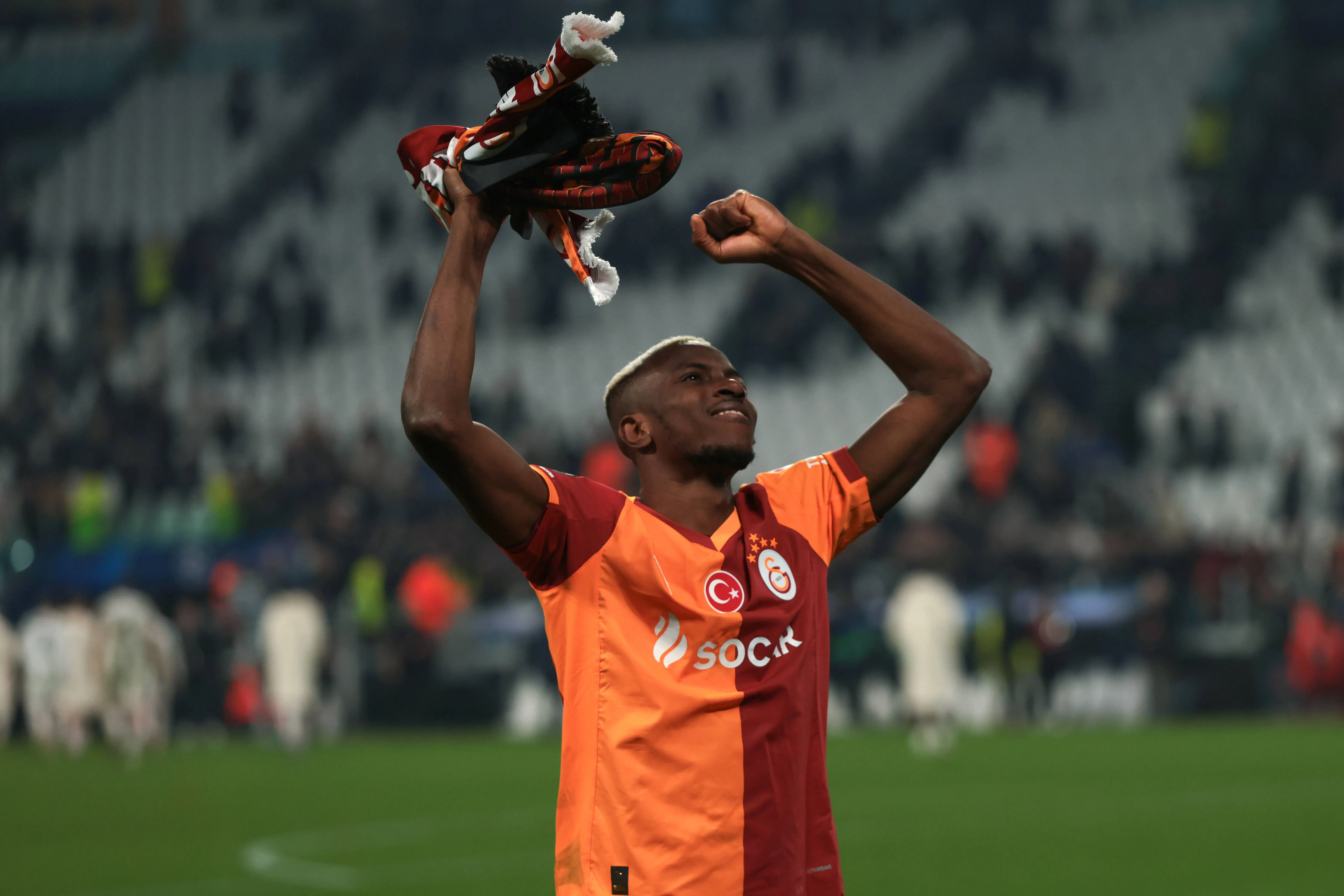 Victor Osimhen of Galatasaray SK salutes the fans following the final whistle of the Juventus vs Galatasaray