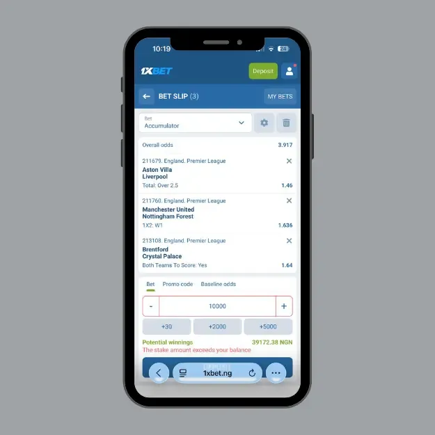 1xBet promo code bonus wagering via bet slip with EPL matches and 3.917 overall odds