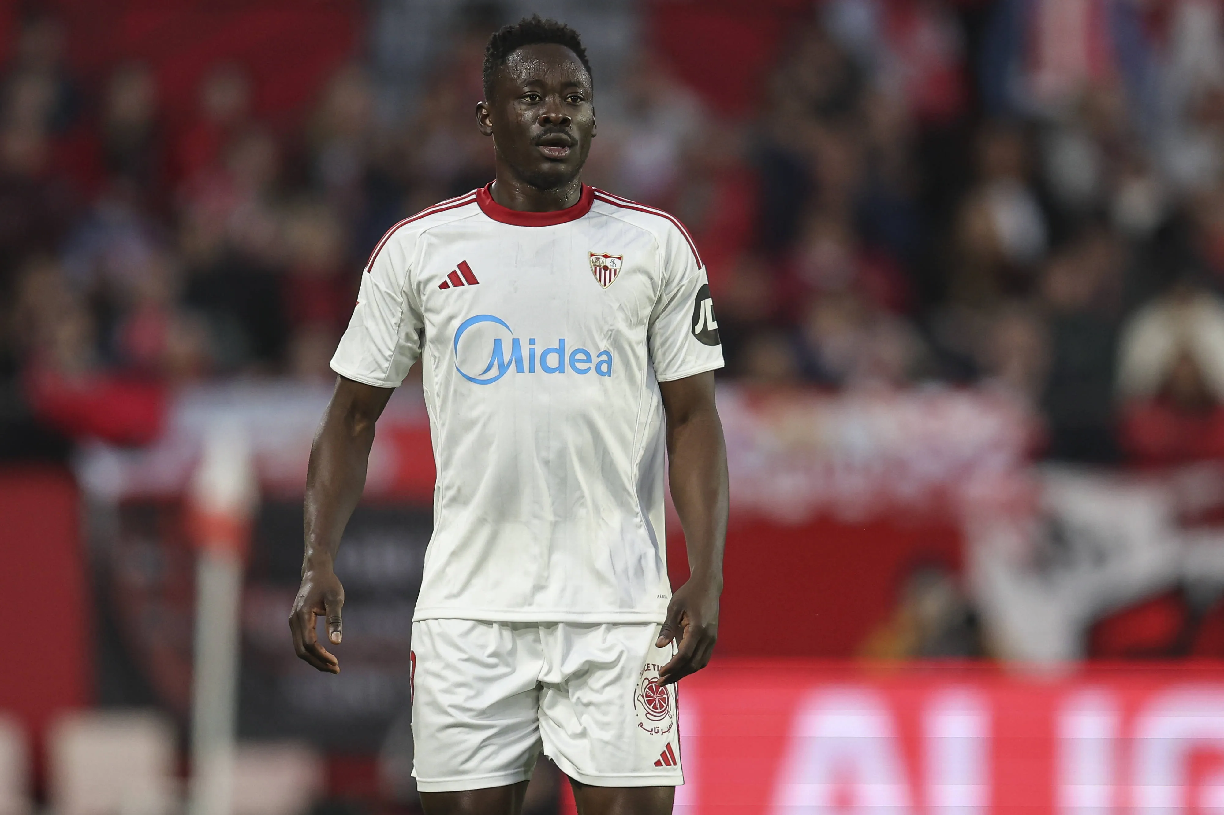 Akor Adams of Sevilla FC during the La Liga EA Sports match between Sevilla FC and Deportivo Alaves played at Ramon Sanchez Pizjuan Stadium on February 14, 2026