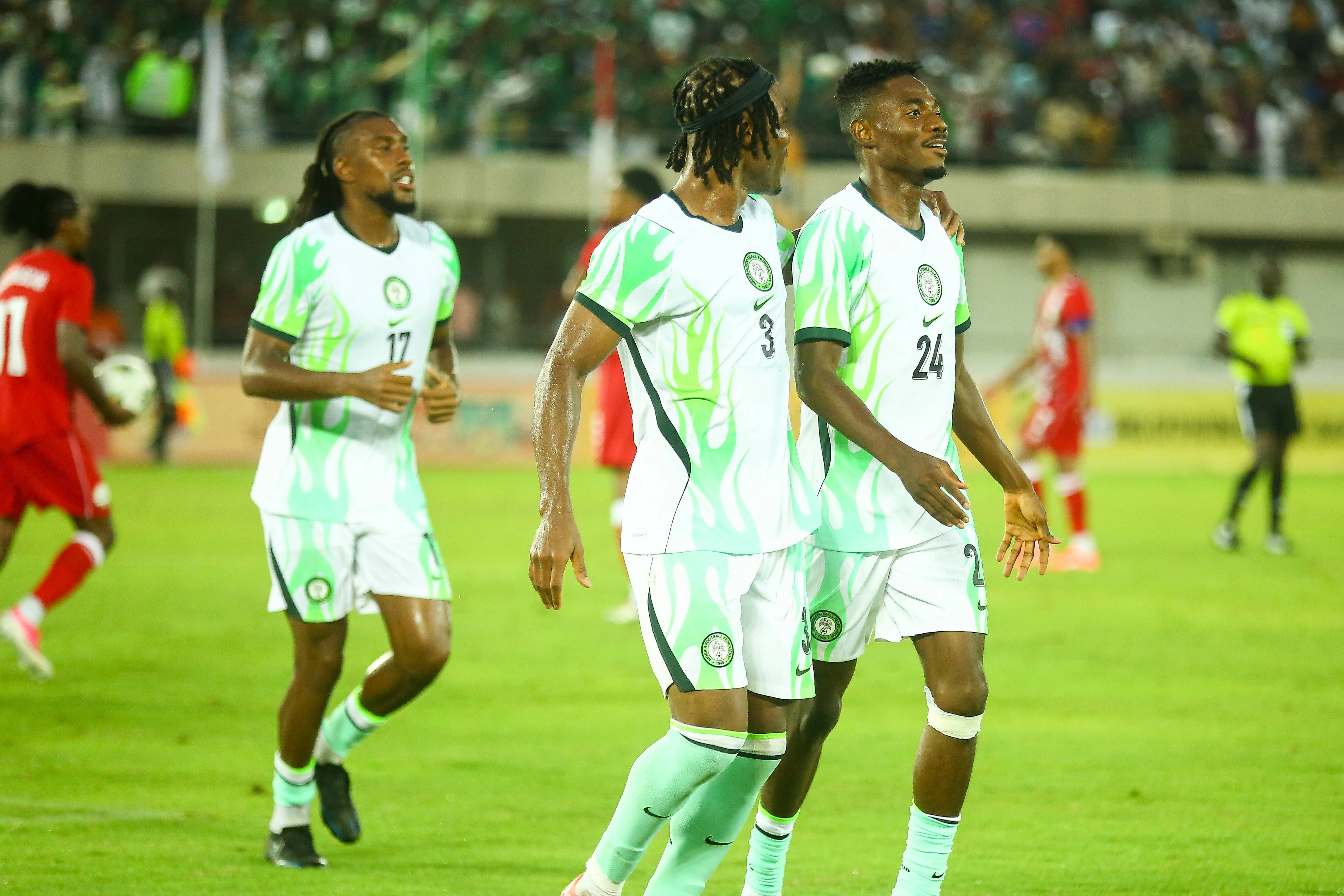 Moses Usor, Alex Iwobi, Onyemaechi Bruno, for Super Eagles during the PAMOJA 2027 Africa Cup of Nations AFCON qualifier match between Nigeria and Madagascar at Godswill Akpabio Stadium on September 25, 2026 in Uyo, Nigeria