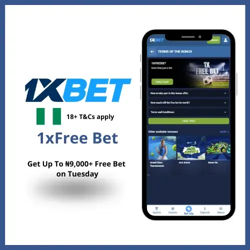 1xBet 1xFree Bet promo with up to ₦9,000+ free bet for players that place correct-score bets.