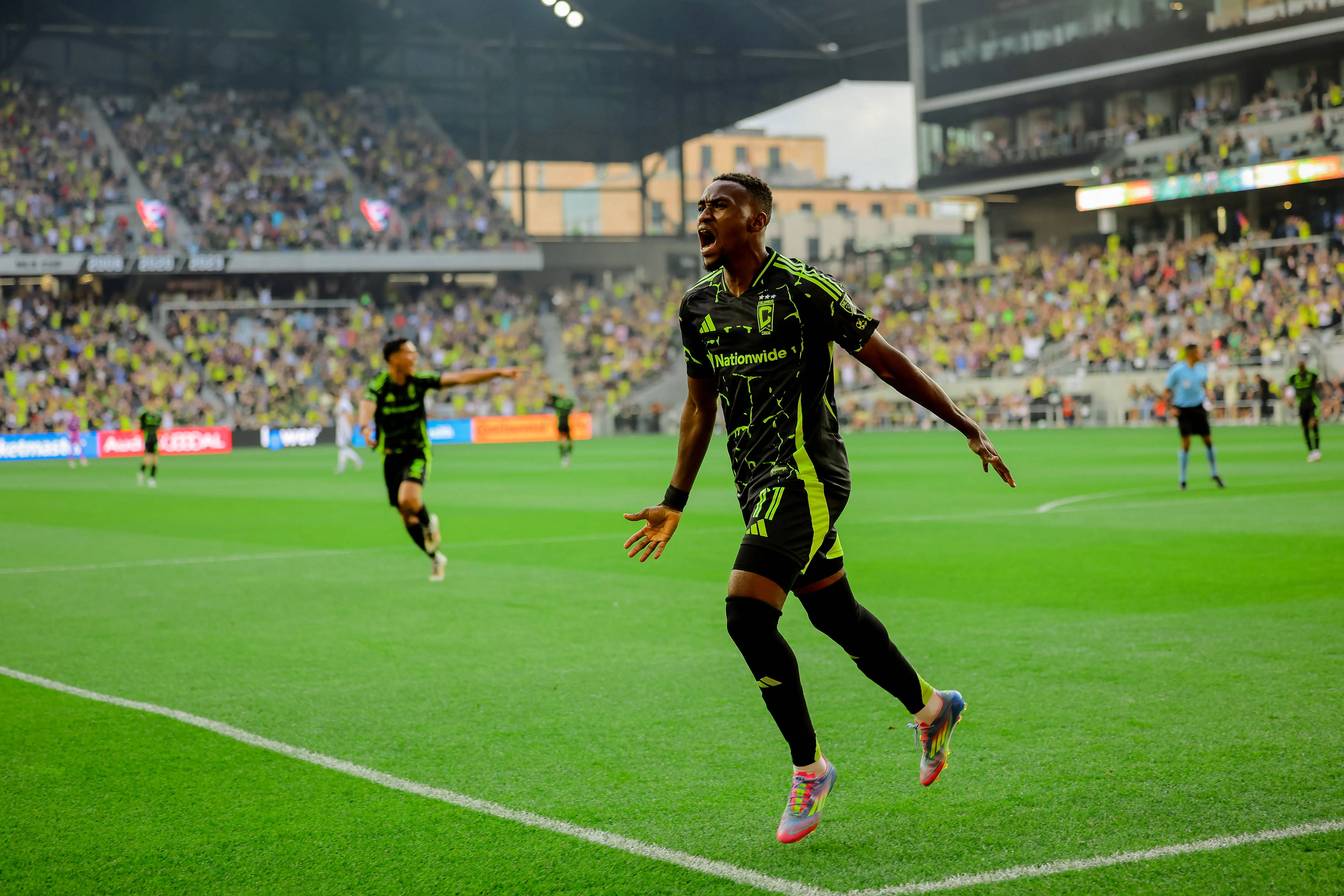 IBRAHIM ALIYU celebrate after scoring his team's first goal during the match between Columbus Crew and Vancouver Whitecaps
